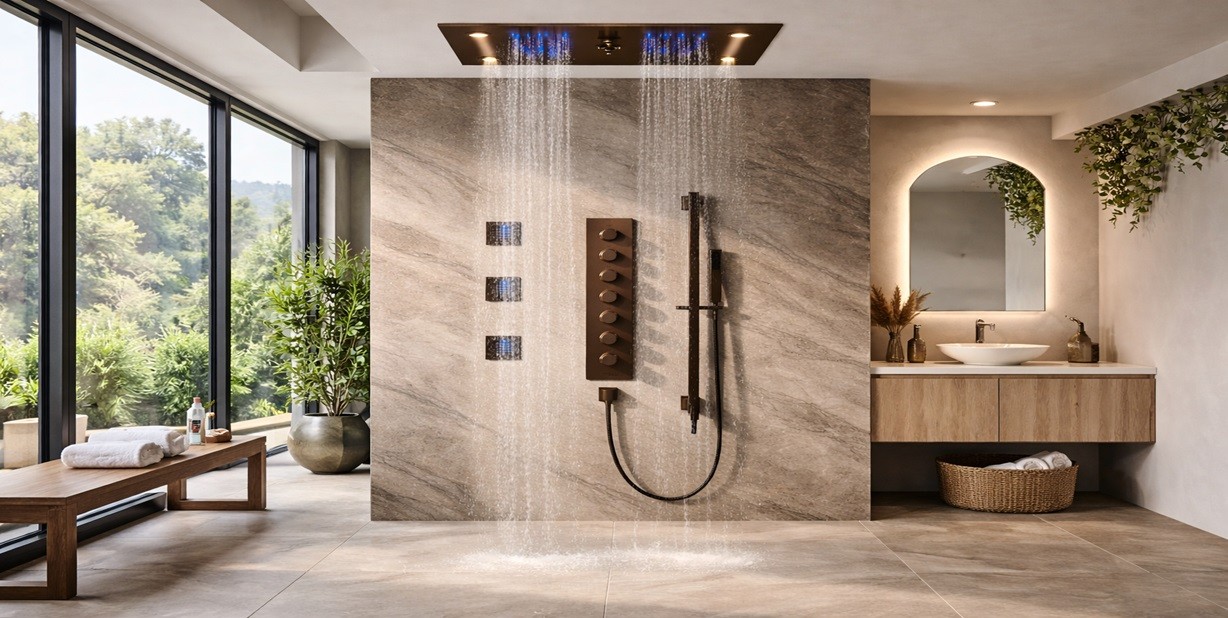 Fontana Corsica 2.5 GPM LED shower system in oil rubbed bronze installed in a luxury shower
